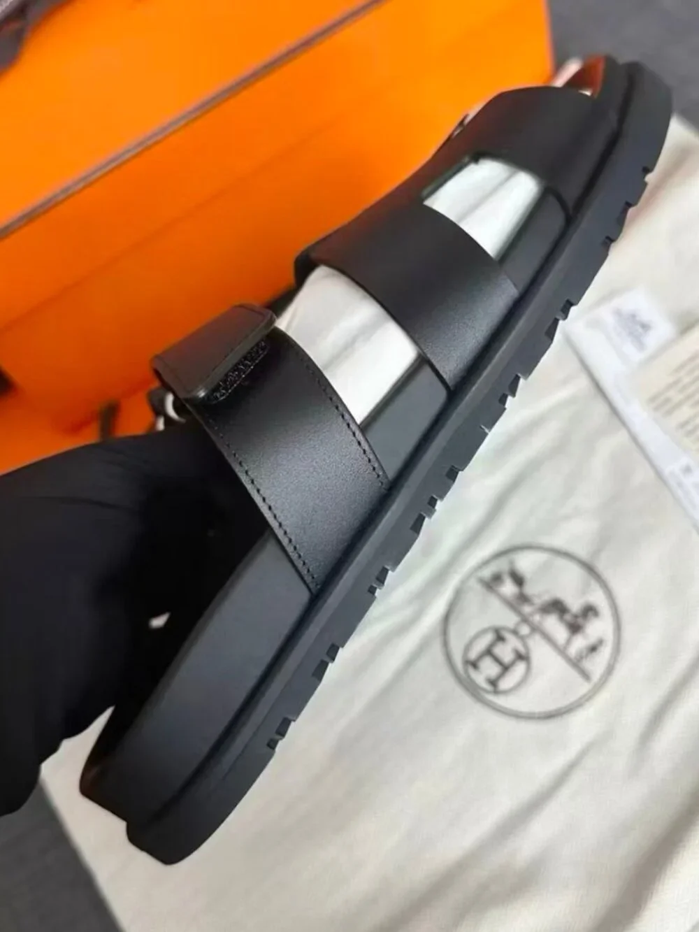 HERMÈS Classic Black Leather Slip-On Slide Sandals